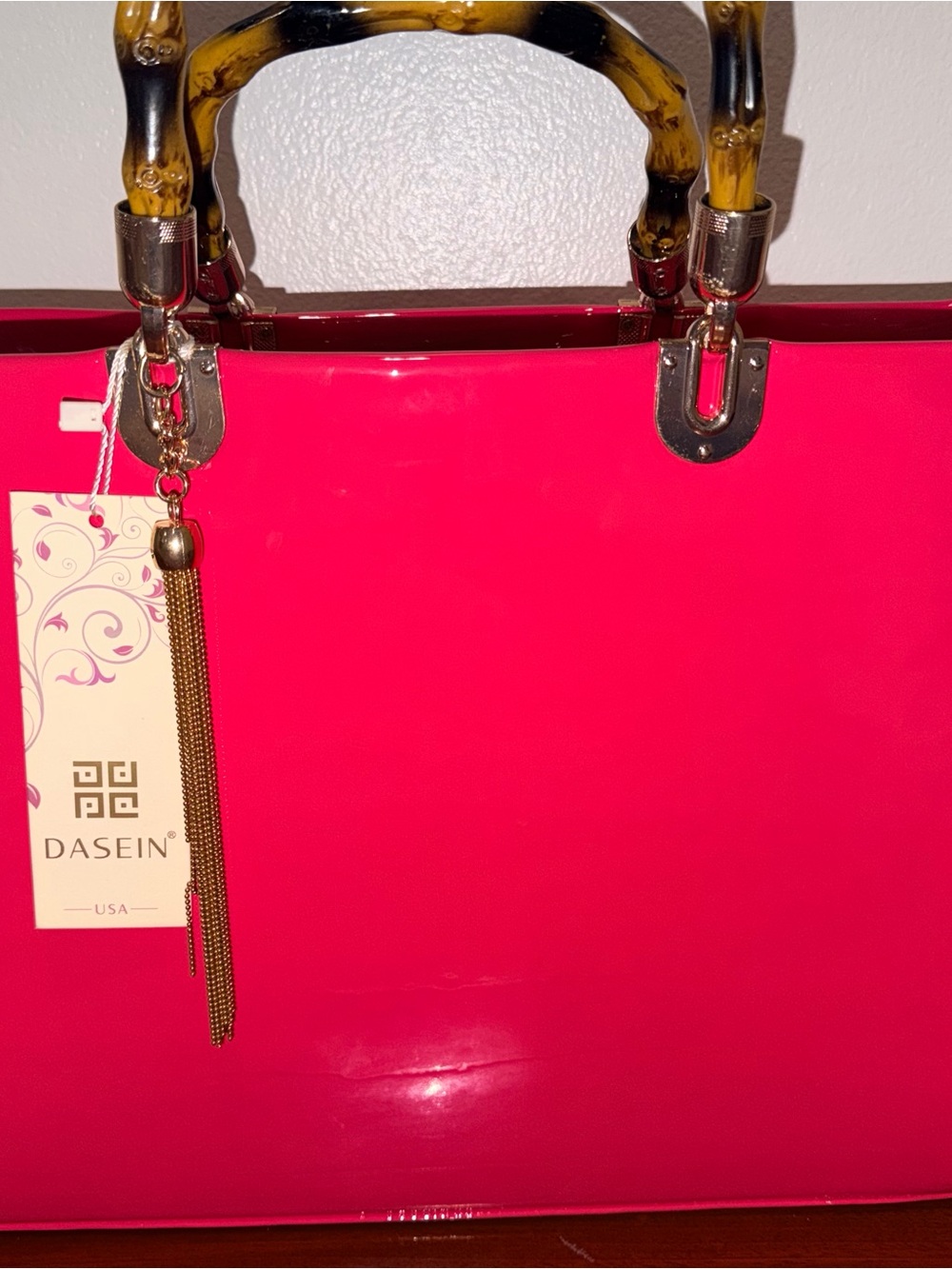 Dasein Hot Pink Patent Handbag Faux Bamboo Handles NWT